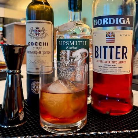 Negroni made with Sipsmith London Dry Gin, Cocci Vermouth di Torino, and Bordiga Bitter.