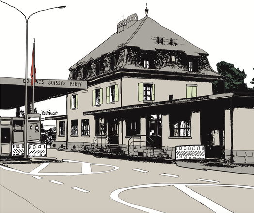 A line drawing, with colour, of a border post. A scrunched-up Swiss flag is visible to one side, but otherwise it's a sort of 1920s-style building.