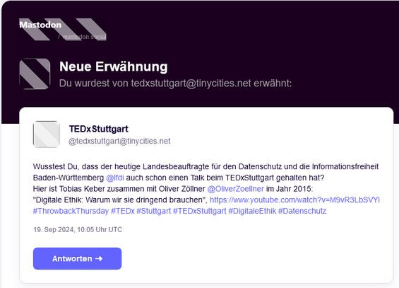 Screenshot der ursprünglichen Nachricht von TEDxStuttgart.