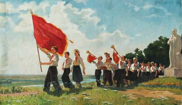 A painting of Soviet Union children Pioneers, wearing their white shirts, red ribbons around their necks, and black pants/skirts, marching in a field next to a statue of Vladimir Lenin. The child in front of the marching line is holding a giant red and golden flag, and two children in the back are playing trumpets with red and golden banners hanging from them.