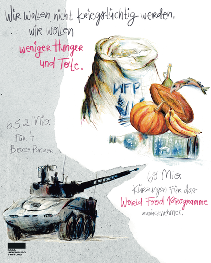 Illustration mit Nahrungsmitteln und einem Panzer.