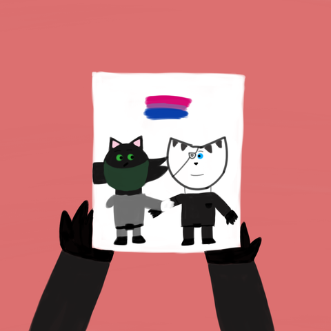 Drawing of Minea holding a drawing of themselves and Jupiter and above them is a bi flag