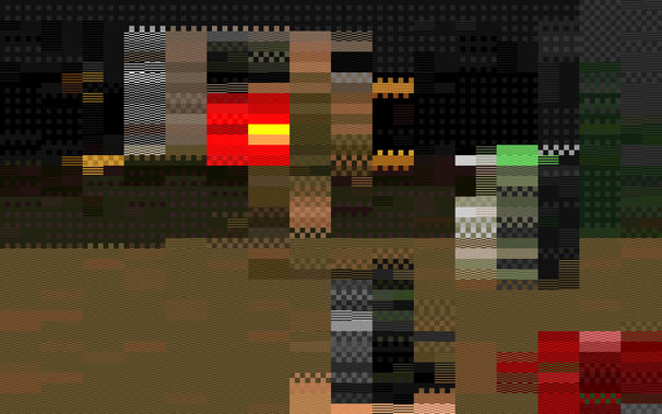 A semi-abstract image composed of graphical checkerboard text characters in a wide variety of colours. Whilst very blocky and somewhat abstract, the image just discernible as being gameplay from the first level of the classic “Doom” PC game. 