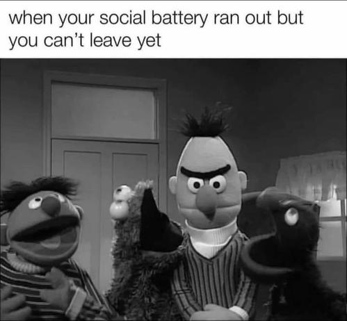 Text: When your social battery ran out but you can't leave yet.
image: a black and white photo of Ernie and Bert, cookie monster and another resident of Sesame Street. While Ernie, cookie monster and the other person sing or talk loudly, Bert looks very annoyed.