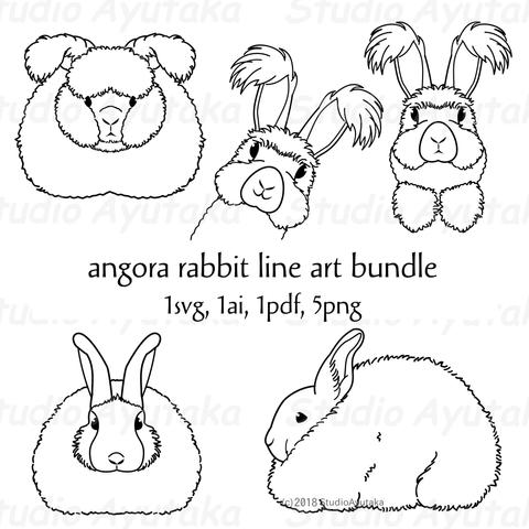 a bundle of cute lineart of angora rabbit, peeking, from front, sideways.