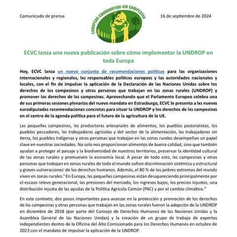 📣 Recomendaciones políticas para organizaciones internacionales y regionales, responsables europeos, autoridades nacionales y locales, para impulsar la aplicación del #UNDROP y promover los #DerechosCampesinos ⚡️https://www.eurovia.org/es/comunicado-de-prensa/ecvc-lanza-una-nueva-publicacion-sobre-como-implementar-la-undrop-en-toda-europa 👉https://www.eurovia.org/es/publicaciones/55300 #DerechosCampesinosYA
