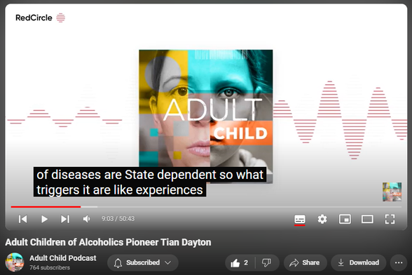 https://www.youtube.com/watch?v=DY3EStvHFdE&list=PL4Ez-UaFmMKelMxQ6AyJ0fgAaubmV0YZF&index=8

91 views  17 Apr 2024  Adult Child Podcast
In today's episode, Andrea dives deep with author, speaker and Adult Child expert - Tian Dayton. Tian shares her wisdom on a variety of adult child topics - from how the movement began, the ACOA trauma syndrome, codependency and much much more!Tian's website

Resources -The ACOA Trauma Syndrome: The Impact of Childhood Pain on Adult Relationshipsby Tian DaytonEmotional Sobriety: From Relationship Trauma to Resilience and Balance by Tian Dayton