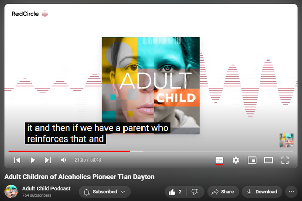 https://youtu.be/DY3EStvHFdE?si=9A7ctCcg86xNPAFW
Adult Children of Alcoholics Pioneer Tian Dayton


91 views  17 Apr 2024  Adult Child Podcast
In today's episode, Andrea dives deep with author, speaker and Adult Child expert - Tian Dayton. Tian shares her wisdom on a variety of adult child topics - from how the movement began, the ACOA trauma syndrome, codependency and much much more!Tian's website

Resources -The ACOA Trauma Syndrome: The Impact of Childhood Pain on Adult Relationshipsby Tian DaytonEmotional Sobriety: From Relationship Trauma to Resilience and Balance by Tian Dayton