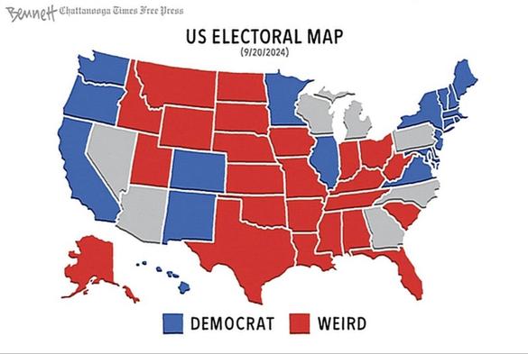 US Electoral Map showing a lot of red states -- identified as "Weird" instead of Republican.