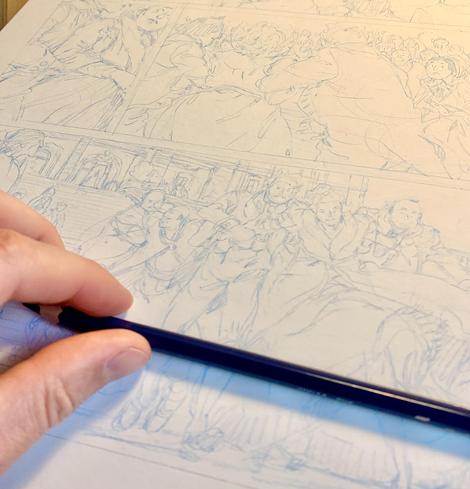 Photo of a drawing in blue pencil