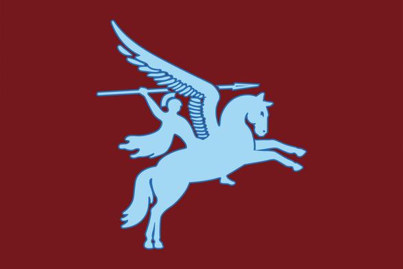 Donkerrode (marroon) vlag met lichtblauwe Pegasus met op zijn rug Bellerophon.
Vlag van het 1e Britse Airborne Division 