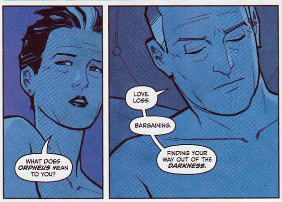 Two panels from Catwoman: Lonely City by Cliff Chiang. A man and woman in their 50's in bed. The woman says "What does Orpheus mean to you?" The man replies "Love. Loss. Bargaining"