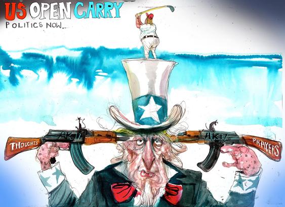 Trump in the background, mindlessly swinging a golf club while an Uncle Sam type figure carries an AK-style weapon with Thoughts and Prayers engraved on the handle.