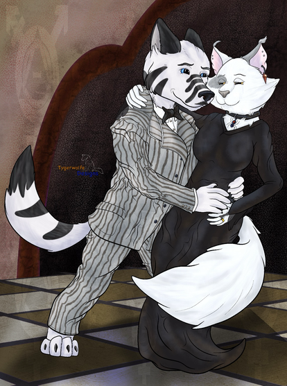 Tygerwolfe and his wife’s fursonas (a striped wolf and a white fluffy cat with grey patches) drawn dressed like Gomez & Morticia Addams from the 1990s Addams Family movies.