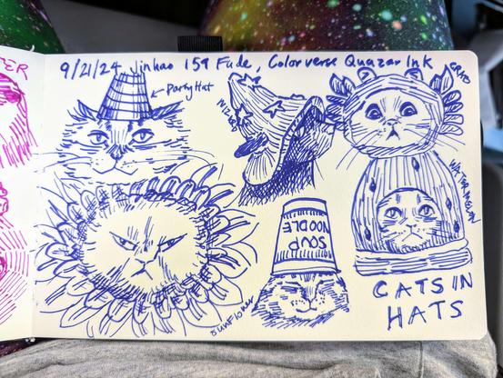 Sketchbook page with the following text written at the top: "9/21/24 Jinhao 159 Fude, Colorverse Quazar Ink." Top left is a drawing of a cat in a party hat with the text party hat. Top middle is a drawing of a black cat in a wizard hat, with text wizard. Top right is a drawing of a car with a crab hat, with text crab. Bottom left is a drawing of a cat in a sunflower hat, with text sunflower. Bottom middle is a drawing of a cat with a cup noodle on its head. On the bottom right is a drawing of a cat in a watermelon hat, with the text watermelon. Bottom right is the text CATS IN HATS.