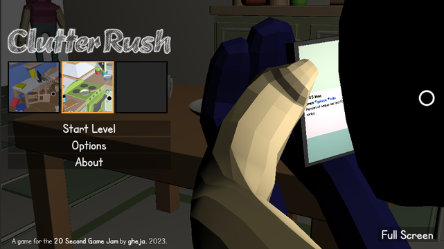 A screenshot of Clutter Rush, my game made for 20 Second Game Jam 2023. The mom mentioned is visible in the top left corner.