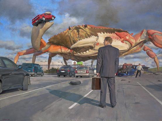 A giant crab (who appears to be upset) holds a red Subaru in his right claw. A man holding a briefcase looks on, wondering if this will be covered by insurance. It isn’t likely to be. This oil painting has a realistic style.