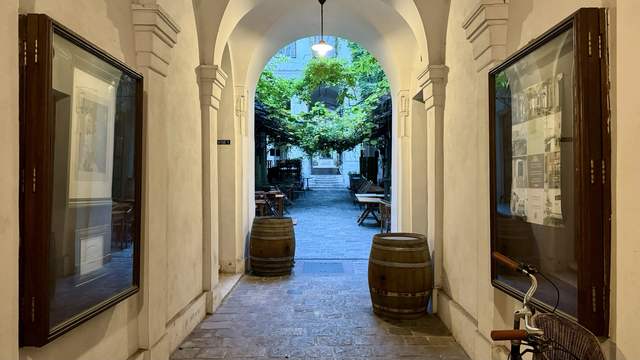 The runner's view in a passageway through the inner courtyards of an old town building. A bicycle leans against the wall, wine barrels stand to the left and right. Wild wine hangs over tables from a restaurant. Several steps lead slightly uphill through archways.