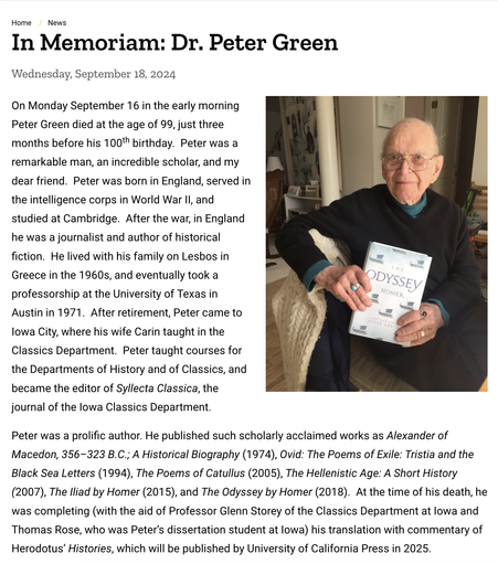 In Memoriam: Dr. Peter Green
Wednesday, September 18, 2024
On Monday September 16 in the early morning Peter Green died at the age of 99, just three months before his 100th birthday.