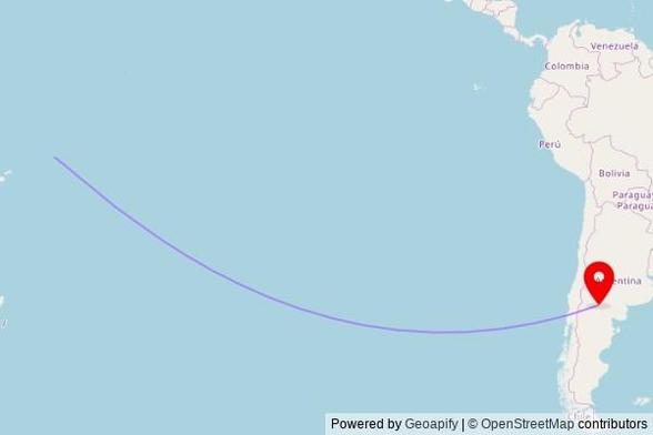 A map showing the great circle route from Apia in Samoa to a map pin at Iglesia Israelita del Nuevo Pacto, El Picaflor, Nuevo, 8332 General Roca, Argentina