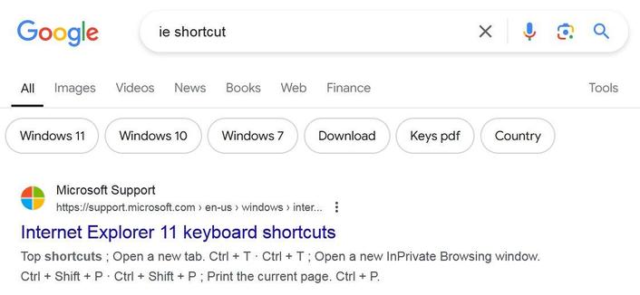 A screenshot of the Google Result for the Search term "ie shortcut".  The first result is "Microsoft Support Internet Explorer 11 keyboard shortcuts".
