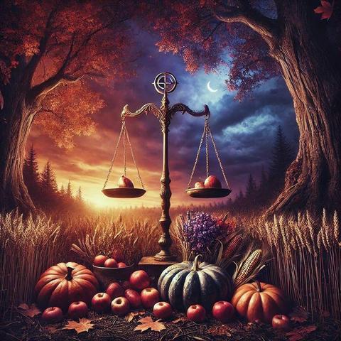 Bild mit Waage und typische Symbole aus der Natur für den Herbst. Im Hintergrund eine Landschaft bei Tag und bei Nacht.