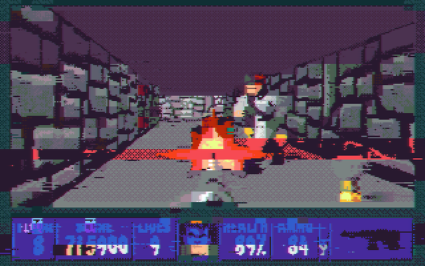 A blocky, distorted rendition of a screen grab from the Id Software classic “Wolfenstein 3D”. 