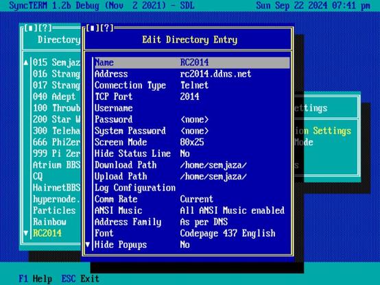 RC2014 Telnet BBS, connection info in Syncterm