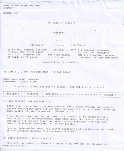 Page 01 telnet BBS through a typewriter