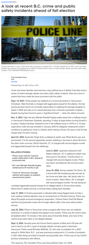 Lazy reporting: CTV News, Canadian Press

A look at recent B.C. crime and public safety incidents ahead of fall election
https://bc.ctvnews.ca/a-look-at-recent-b-c-crime-and-public-safety-incidents-ahead-of-fall-election-1.7048460

Archived 

https://archive.fo/O5WLN

https://web.archive.org/web/20240000000000*/https://bc.ctvnews.ca/a-look-at-recent-b-c-crime-and-public-safety-incidents-ahead-of-fall-election-1.7048460
