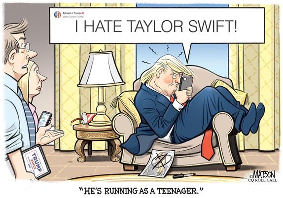 Teenage-mentality Trump scowling and texting on his phone about hating Taylor Swift. And this is a man who wants to be head of state in the USA again?

#Trump #texting #phone #teenage #mentality #TaylorSwift #hate #immature #stupidity #political #politics #humour #humor #campaign #statement #presidential #race #2024 