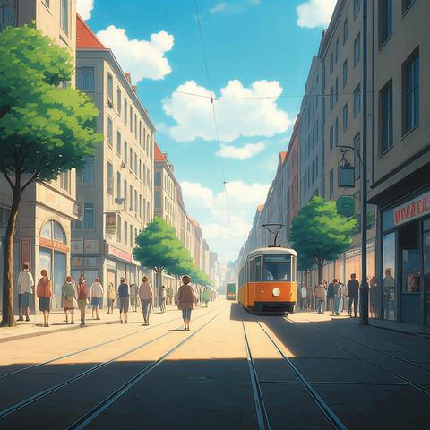 Ein lebendiger Sommertag in einer europäischen Stadt. Eine Straßenbahn bringt Menschen durch die belebte Straße, vorbei an Geschäften und Bäumen. Das Sonnenlicht schafft eine warme und einladende Atmosphäre.
