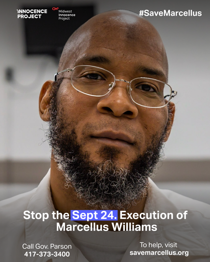 Innocence Project image of an African American man with a grey and black beard and wire-rimmed glasses. This is Marcellus Williams, scheduled to be executed tomorrow evening in Missouri despite serious doubts about the integrity of his conviction and overwhelming support for his clemency request. Join us in urging Gov. Parson to stay his execution.