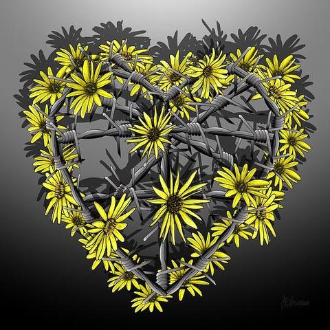 Soften My Heart Silver to Black by Joan Stratton
A tale of caution. She still has a heart that wants love but it is fiercely protected. Maybe it can be softened with flowers :)

A heart shape is formed by intertwining barbed wire and vibrant yellow daisy flowers, creating a striking contrast between the harshness of the wire and the delicacy of the blossoms. Dark shadows cast by the composition enhance its depth and complexity.

Ether Art – A hand-drawn drawing / painting using the exciting modern art form, where art is created from scratch using a computer in lieu of a real canvas and paint, water colour, pastel, pencil, charcoal etc I create digital art from the ether, exactly the same as if I was starting with a blank canvas.