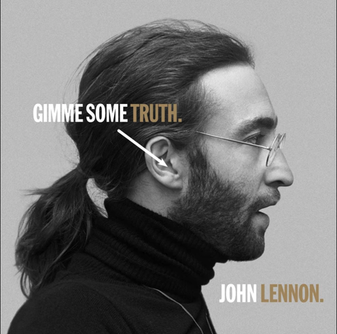 John Lennon album cover, right-side profile of John Lennon in a pony-tail. Gimme Some Truth written on the foreground.