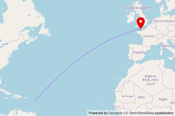A map showing the great circle route from Pointe-à-Pitre in France to a map pin at Town Church, St Peter Port, Fountain Street, St Peter Port, GY1 1BZ, Guernsey, Channel Islands