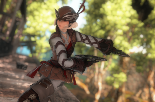 Berin Rinrin as Dancer in a brown and grey battle outfit consisting of a brown vest, a feathered cap that is pointed at the front, grey pants and thigh-high boots. She is doing a battle-pose, swinging her chakrams.