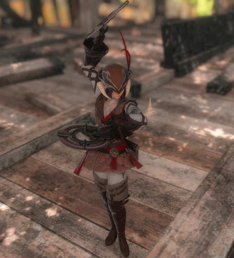 Fullbody shot from a slight bird-eye view. Berin is doing a battle pose, swinging her chakrams. Her eyes are obscured by the cap (because I thought that looked cool, hehe)