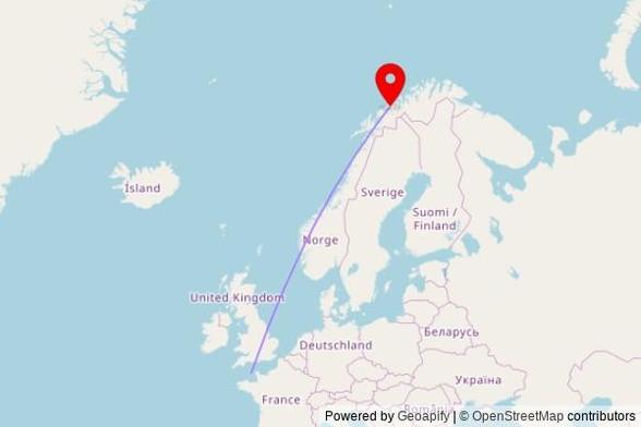 A map showing the great circle route from St Peter Port in Guernsey to a map pin at Tromsdalen kirke, Alfred Hansens veg, 9020 Tromsø, Norway