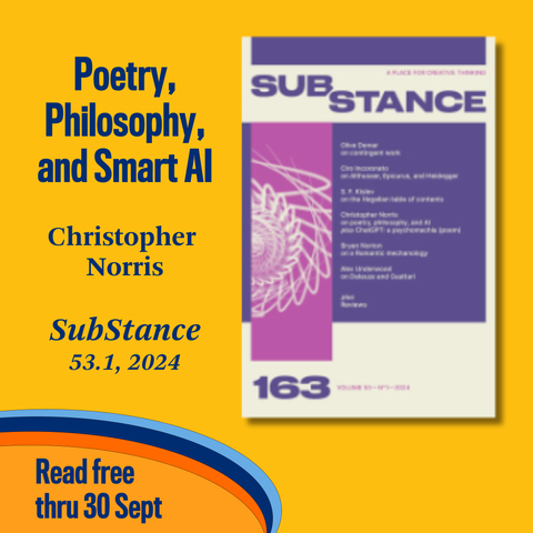 Promotional tile featuring cover art from SubStance and the text: 
Poetry, Philosophy, and Smart AI
Christopher Norris
SubStance 53.1, 2024
Read free thru 30 Sept