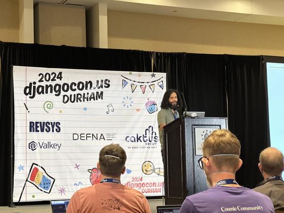 Mario Munoz starting his keynote on stage at DjangoCon US 2024 