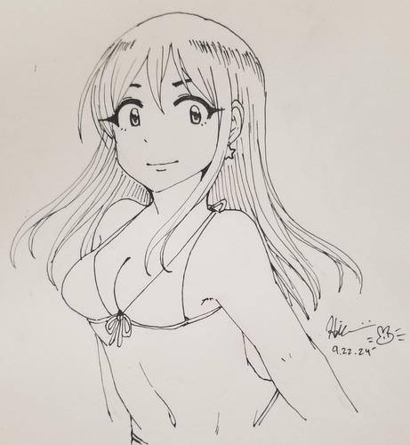 Inked sketch of medium length woman wearing a bikini