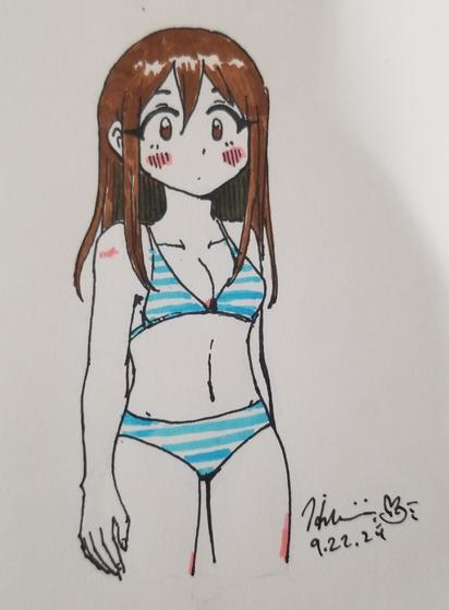 Inked drawing colored in marker. Medium length brown hair woman wearing blue striped bikini