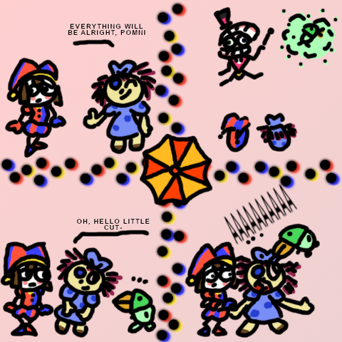 panel 1: Pomni (a jester with pompoms) looks anxious to the side, Ragatha (a ragdoll) consoles her: "Everything will be alright, Pomni"

panel 2: Caine (the overlord with suit and teeth for head) poofs Blabbo (a rubber duck) out of air

panel 3: Ragatha looks at Blabbo trying to play: "Oh, hello little cutie"

panel 4: suddenly, Blabbo bites Ragatha, as she screams in pain, Pomni flinches
