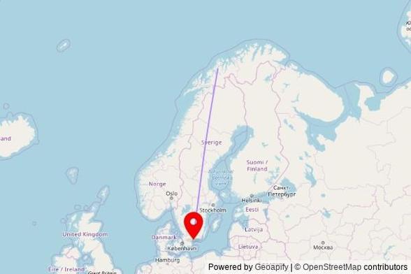 A map showing the great circle route from Tromsø in Norway to a map pin at Sankt Nicolai kyrka, Västra Storgatan, 294 41 Sölvesborg, Sweden