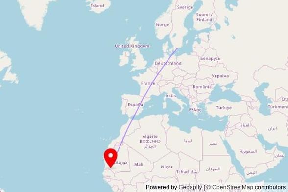 A map showing the great circle route from Sölvesborg in Sweden to a map pin at جمعيات كنيسة الله, Brakna, Mauritania