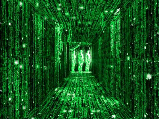 Ein Tunnel umgeben von grünen Zahlen. Am Ende des Tunnels sind die Hologramme von drei Personen zu erkennen. Die sind ebenfalls grün aber deutlich heller.