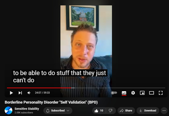 https://www.youtube.com/watch?v=uoyrlQjTUFs
Borderline Personality Disorder "Self Validation" (BPD)

63 views  19 Sept 2024
In this episode of the BPD Live Show with Sensitive Stability, host Kevin Reynolds discusses the topic "Self Validation". As a BPD survivor himself, Kevin provides insights into his process of coaching clients through BPD, emphasizing the importance of personal connections and understanding individual stories.