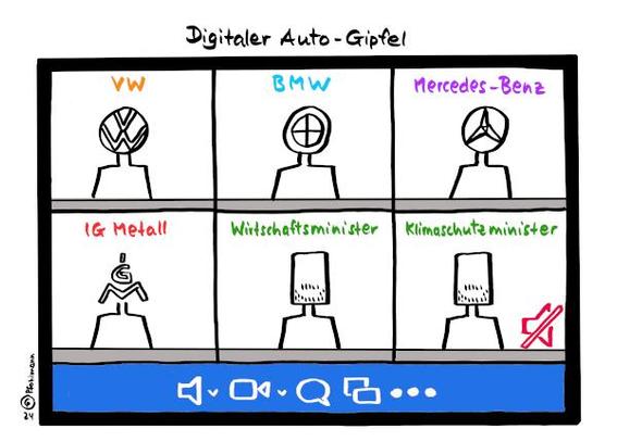 Ein Bildschirm zeigt die Teilnehmer des "Digitalen Auto-Gipfels". Obere Reihe: Die Vertreter von VW, BMW, Mercedes-Benz, untere Reihe von IG Metall, dann der Wirtschaftsminister und am Ende der Klimaschutzminister. Die Teilnehmer haben Köpfe in der jeweiligen Logo-Form. Der Minister, der in beiden Fällen Robert Habeck ist, ist mit Dreitagebart angedeutet. In seiner Rolle als Klimaschutzminister ganz rechts unten ist er stumm geschaltet, es ist ein "Mute"-Zeichen neben ihm, also ein durchgestrichenes Mikrofon.