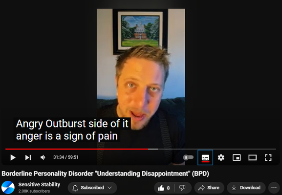 https://www.youtube.com/watch?v=hTKEsqIDLao
Borderline Personality Disorder "Understanding Disappointment" (BPD)

 
1
2
3
4
5
6
7
8
9
0
1
2
3
4
5
6
7
8
9
0
1
2
3
4
5
6
7
8
9
 
 
1
2
3
4
5
6
7
8
9
0
1
2
3
4
5
6
7
8
9
0
1
2
3
4
5
6
7
8
9
 
 views  
24 Sept 2024
In this episode of the BPD Live Show with Sensitive Stability, host Kevin Reynolds discusses the topic  "Understanding Disappointment". As a BPD survivor himself, Kevin provides insights into his process of coaching clients through BPD, emphasizing the importance of personal connections and understanding individual stories